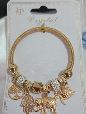 Gold Tone Charm Bracelet with Elephant & Hamsa Pendants